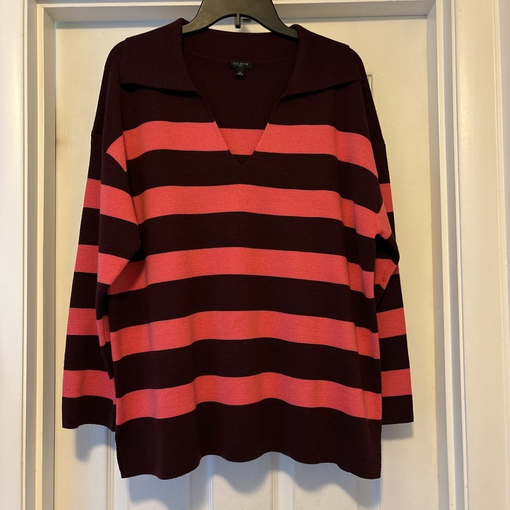 Talbots Milano Stitch Johnny Collar Sweater Burgundy Pink Stripe 1X Wool Blend